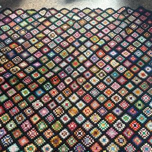 Vintage Black Trim Granny Square Afghan Roseanne Couch Blanket
